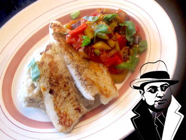 Empty the Fridge - Friday market find 2 - Vis met caponata en bloemkoolpuree
